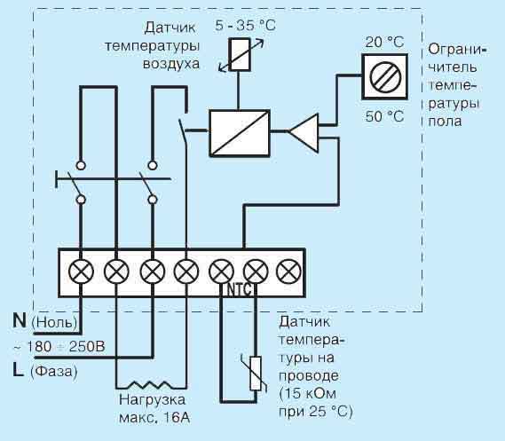 Схема подключения проводов с датчиками пола и воздуха